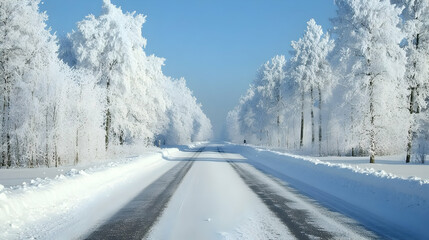 Snowy Road Through Winter Forest, trees, landscape, winter landscape, snow covered trees, frosty trees