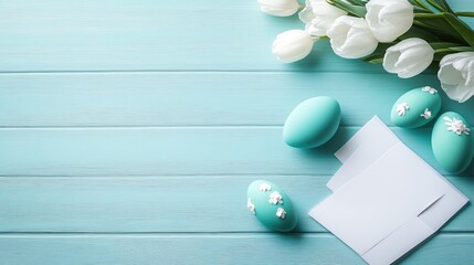 A DIY Easter card station with supplies, finished cards, and painted eggs.