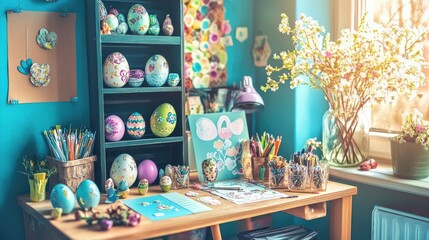 A DIY Easter card station with supplies, finished cards, and painted eggs.