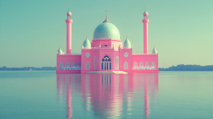 Fototapeta premium Pink Mosque on the Lake, water, reflection, architecture, building, islam