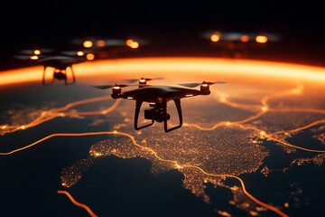 Drones flying above illuminated Earth at sunset.