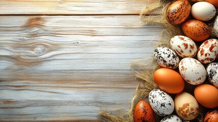 Obraz premium A farmhouse-style Easter background with rustic decor and wooden textures.