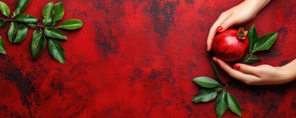 Red pomegranate held by hands on red background. Food photography for recipe blogs