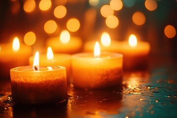 All Saints Day Candle Celebration with Warm Bokeh Effect and Glowing Flames