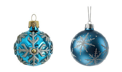 Obraz premium Two elegant blue Christmas ornaments with intricate snowflake designs, adding a festive touch to holiday decorations.