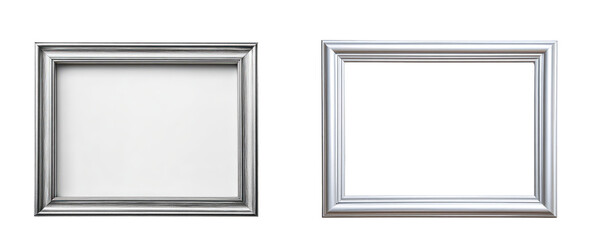 Two empty silver picture frames, an elegant design perfect for showcasing art or photographs.