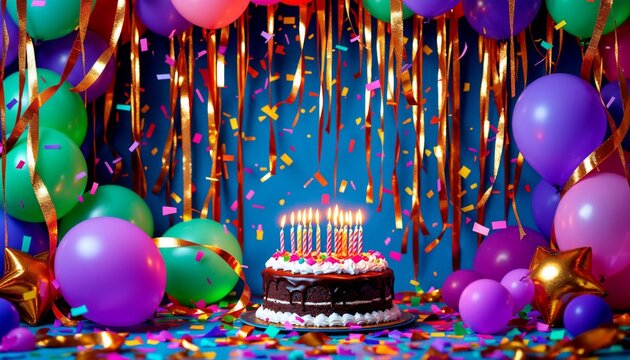 Birthday Cake with Balloons and Confetti