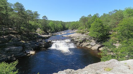 River waterfall scenic landscape, summer day, tranquil forest