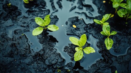 Small green plants thrive in black oil spill showing natures resilience and determination in challenging environments. Generative AI