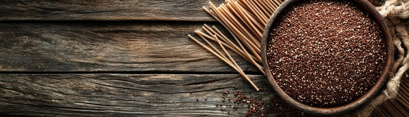 Flax seeds and pasta on wood. Healthy food recipe