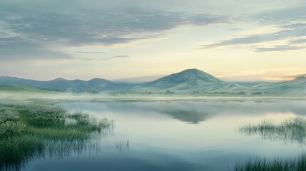Fototapeta premium mountain lake surrounded by lush greenery, golden sunlight, and rugged peaks, showcasing nature's beauty and serene tranquility.