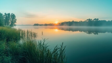 mountain lake surrounded by lush greenery, golden sunlight, and rugged peaks, showcasing nature's beauty and serene tranquility.
