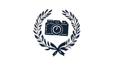 Camera surrounded by laurel leaves symbolizing creativity and achievement in photography isolated on transparent background