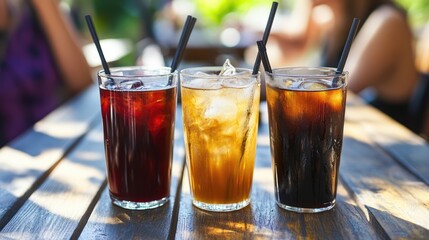 A group of friends enjoying Thai tea and iced coffee at an outdoor caf.