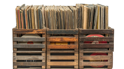 Vintage wooden crates filled with classic vinyl records stacked neatly isolated on transparent background