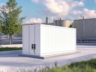 a sleek white containerized battery energy storage system outdoors, modern sustainable energy solution, surrounded by greenery and urban backdrop.