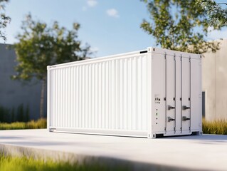 a sleek white containerized battery energy storage system outdoors, modern sustainable energy solution, surrounded by greenery and urban backdrop.