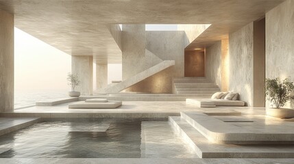Modern architectural space with minimalist design and serene water features.