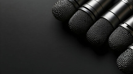 Obraz premium Close-up of Multiple Black Microphones on Dark Background, recording, audio, music, podcast, broadcasting