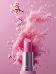 Elegant Pink Lipstick Dissolving into Abstract Japanese Flora