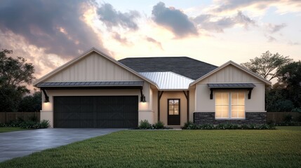 Obraz premium A sleek ranch home with pale beige walls