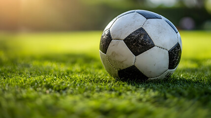 Fototapeta premium Worn Soccer Ball on Grassy Field, football, sports, game, green, outdoor