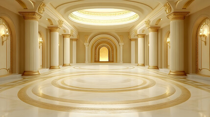 Grand Palace Interior with Marble Floor and Golden Columns, hall, pillars, arches, dome, ceiling