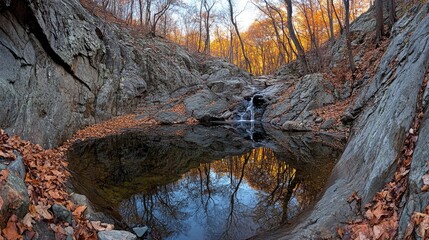 Autumnal forest pool reflecting trees, tranquil waterfall scene, nature photography for calendars