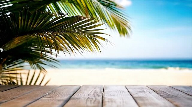 Wooden table on the beach, beach in the background