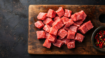 Raw Beef Cubes on Wooden Cutting Board, beef stew, diced beef, steak cubes, meat, protein