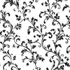 ornate black-and-white baroque floral design with swirling patterns, intricate details, symmetrical layout, and elegant decorative vintage style.