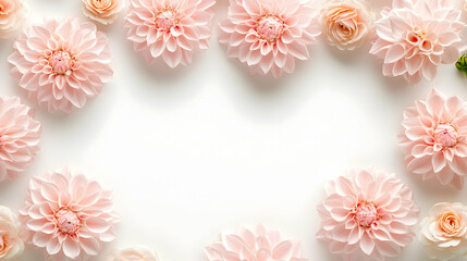 Pink Dahlias and Roses Frame on White Background, flowers, floral, border, textured, pastel