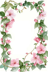 Fototapeta premium Pink flowers and green leaves creating a watercolor frame