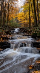 Serene waterfall in a forest surrounded by vibrant autumn foliage.