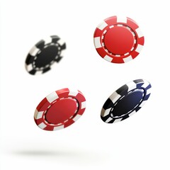 floating colorful poker chips in red, black, and blue, symbolizing gambling, gaming, and casino entertainment with dynamic motion.
