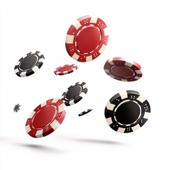 floating colorful poker chips in red, black, and blue, symbolizing gambling, gaming, and casino entertainment with dynamic motion.
