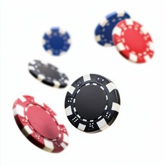 floating colorful poker chips in red, black, and blue, symbolizing gambling, gaming, and casino entertainment with dynamic motion.