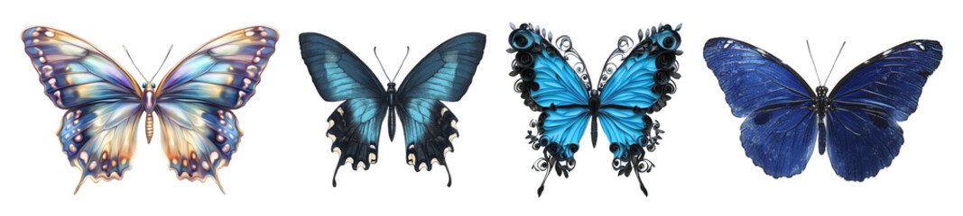 Four stunning butterflies showcasing vibrant blues and unique patterns, perfect for nature enthusiasts and artistic designs.