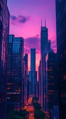 Stunning sunset skyline view over urban skyscrapers with vibrant hues.