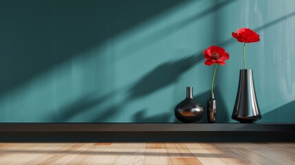 A contemporary living room featuring a dark teal wall, light hickory floors