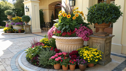 Gardening Concept. Garden Flowers and Plants ,floral, can, center, potted,on a Sunny Background