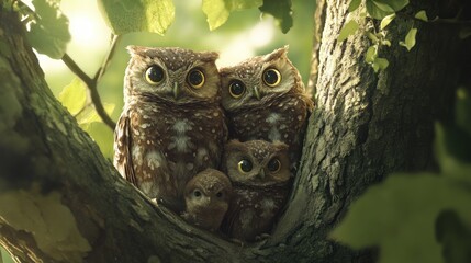 Adorable Owl Family Nestled in a Tree
