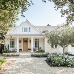 charming modern farmhouse with white siding, metal roof, landscaped garden, wooden door, natural surroundings, and inviting rustic architectural design.