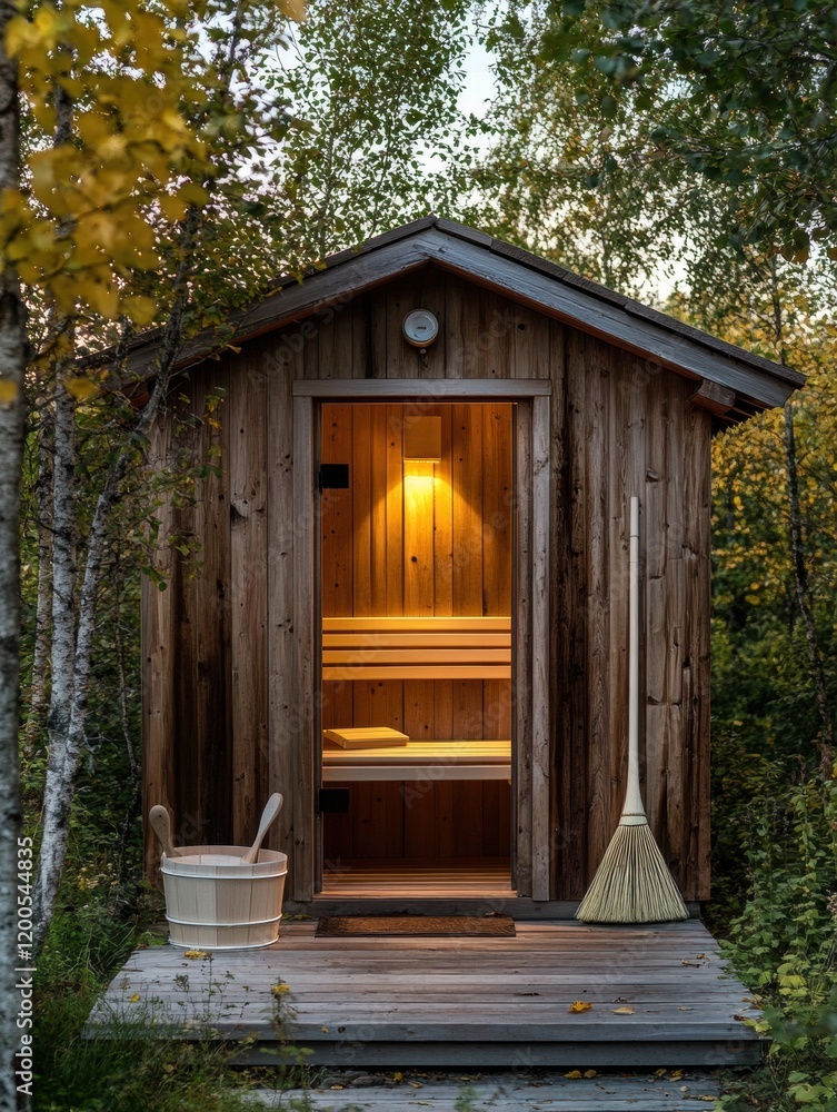 Poster traditional wooden sauna nestled in a tranquil forest setting during the serene evening hours. gener