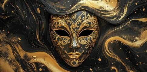 Ornate Gold And Black Venetian Mask On Abstract Background