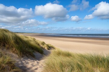 Serene Coastal Landscape with Sandy Beach, Rolling Dunes, and Fluffy Clouds Under a Clear Blue Sky on a Peaceful Sunny Day