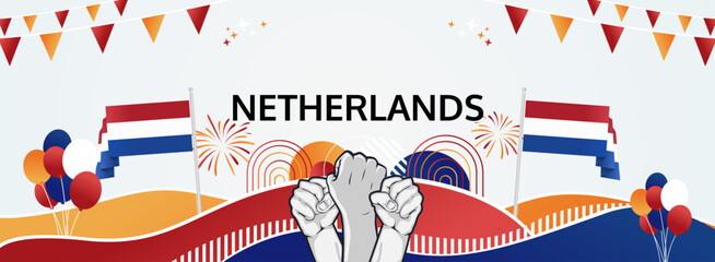 Netherlands Liberation Day modern greeting banner. 5th May Happy National Day. Holidays abstract concept in pop colors. Great for event like carnival, feast poster, support, culture and tourism
