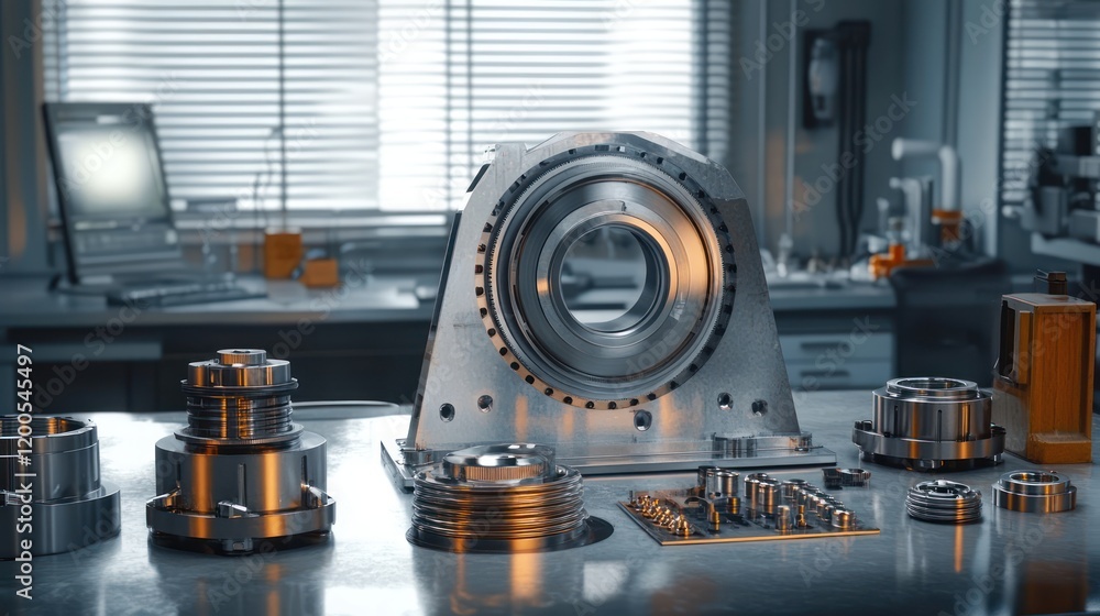 Poster industrial workspace for quality inspection of mechanical components with caliper and laptop in engi