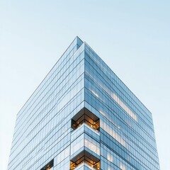 modern minimalist building with grid windows, clean lines, light facade, clear blue sky background, and urban architectural design.