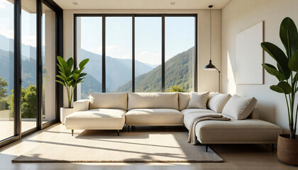 Modern Sectional Sofa in Minimalist Living Room with Mountain View